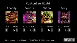 the screen that allows you to adjust the difficulty of the animatronics